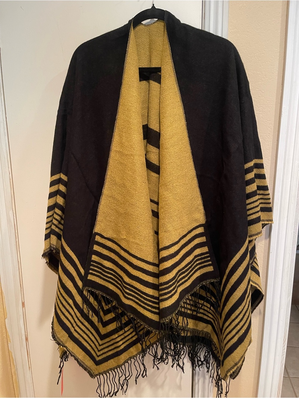 Urban Coco Striped Fringe Shawl in Black and Mustard